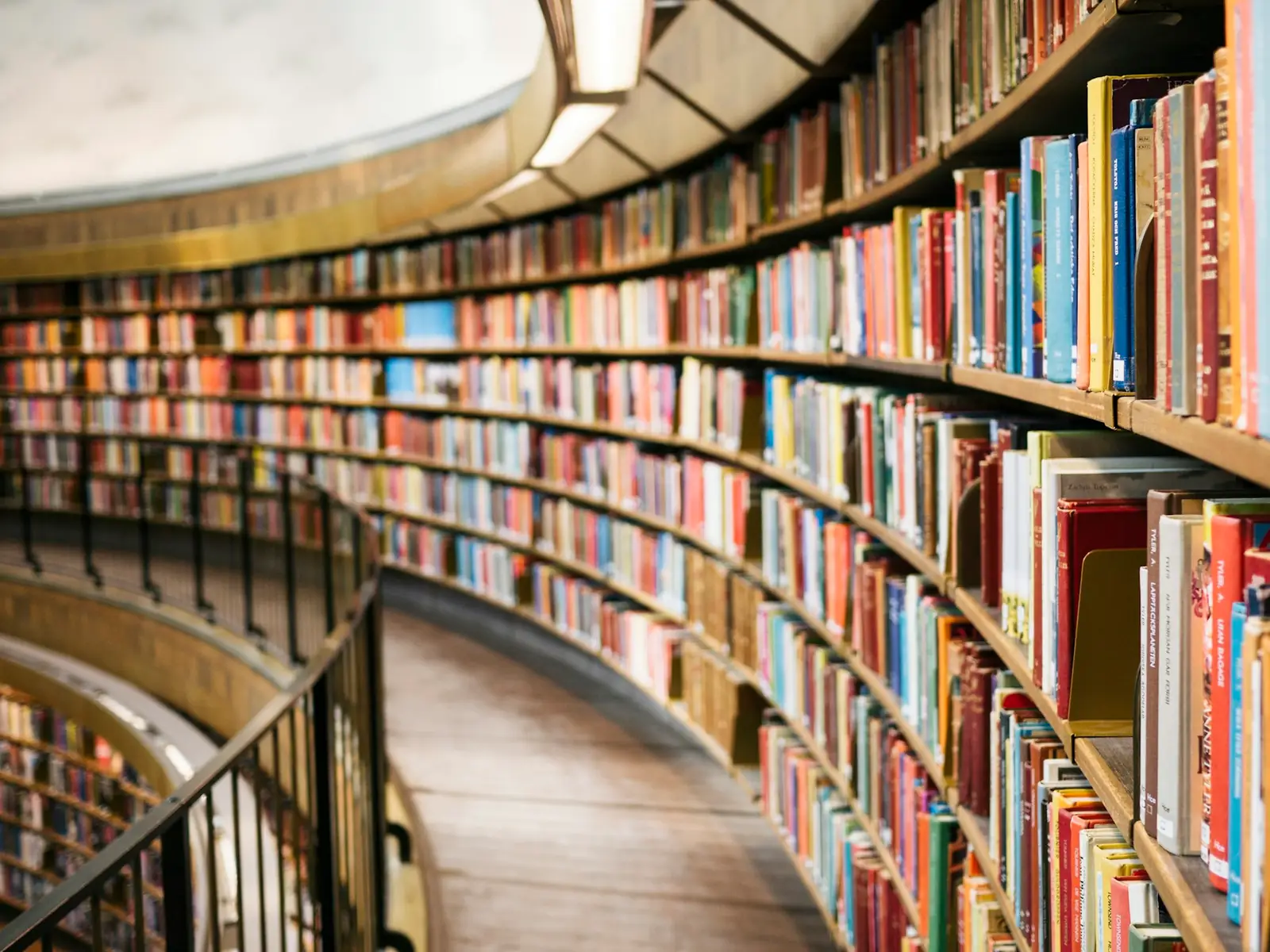 The curved shelves and reading area of a library